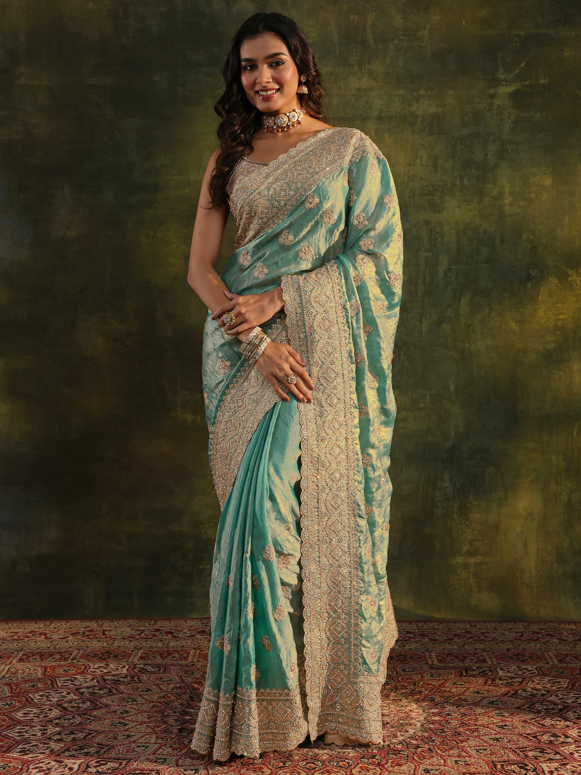 Mameraa Art Blue Embellished Tissue Saree With Unstitched Blouse Piece