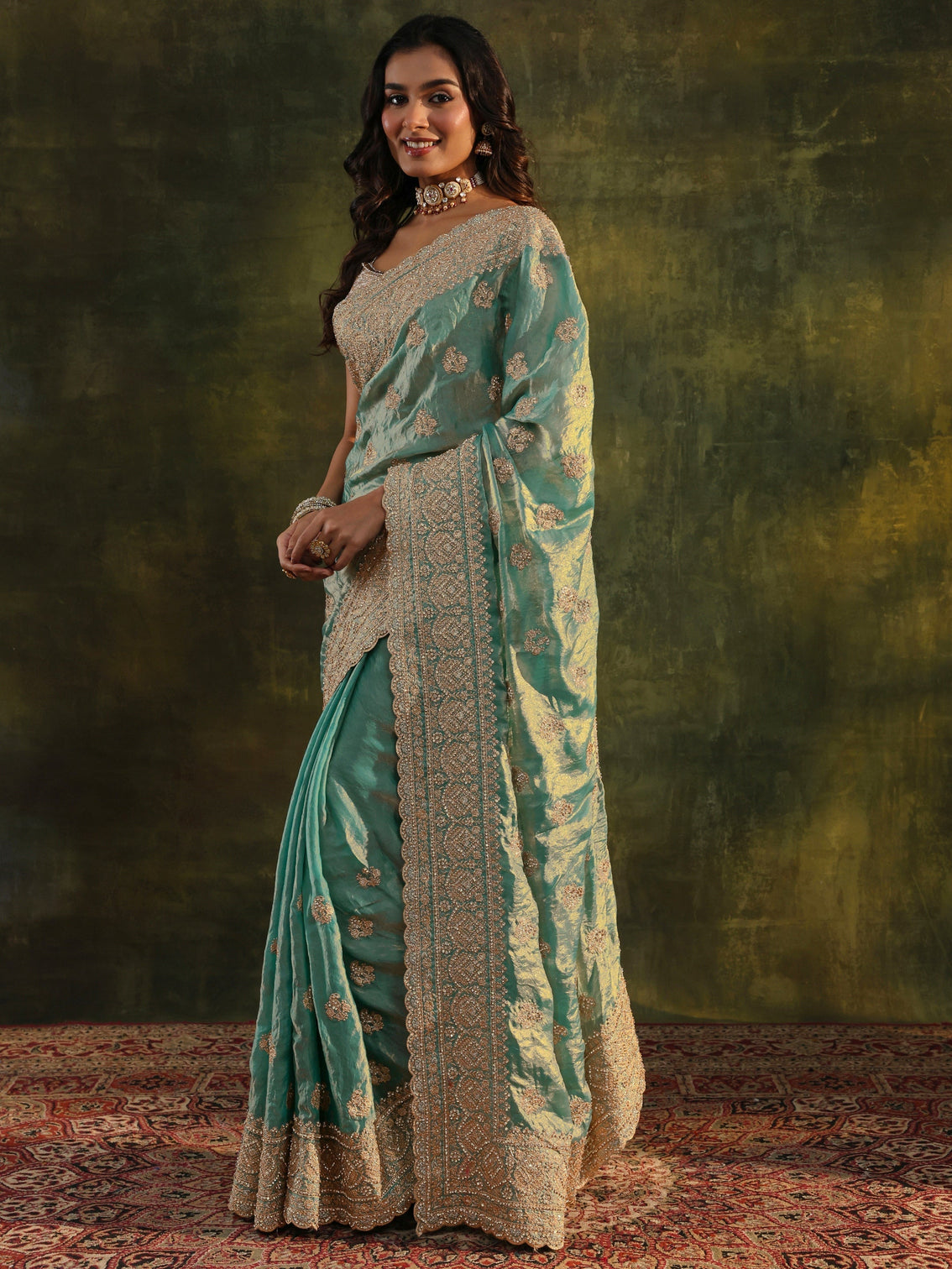 Mameraa Art Blue Embellished Tissue Saree With Unstitched Blouse Piece