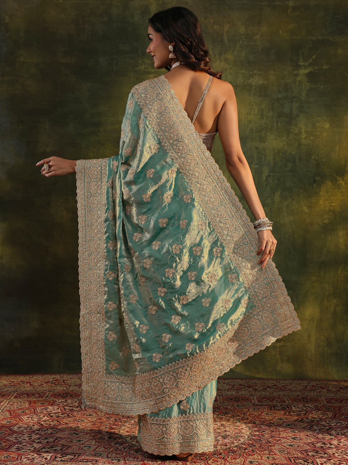 Mameraa Art Blue Embellished Tissue Saree With Unstitched Blouse Piece