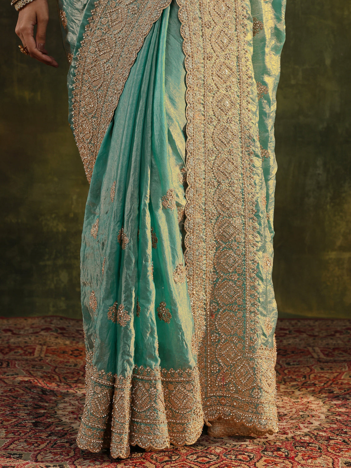 Mameraa Art Blue Embellished Tissue Saree With Unstitched Blouse Piece