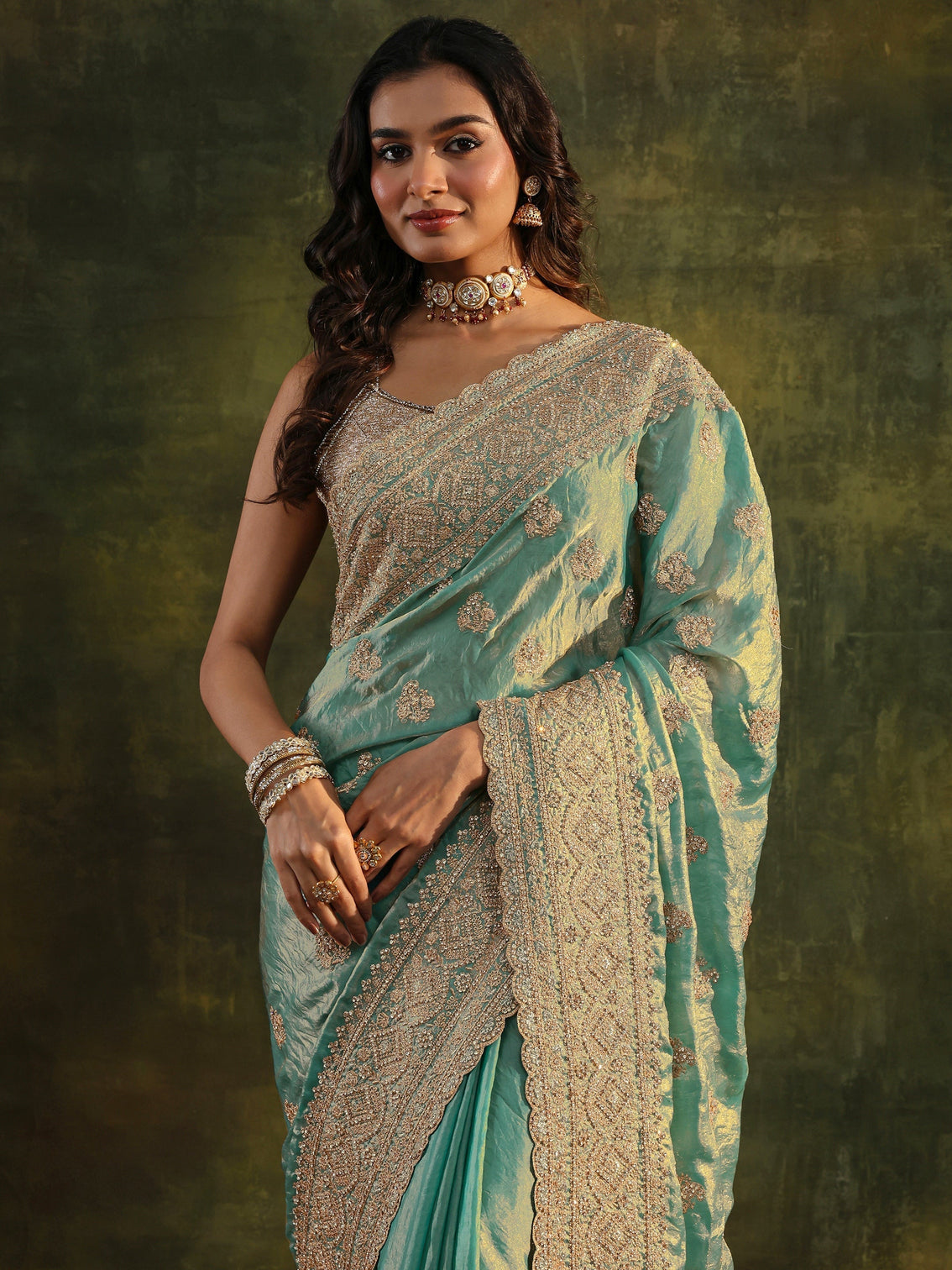Mameraa Art Blue Embellished Tissue Saree With Unstitched Blouse Piece