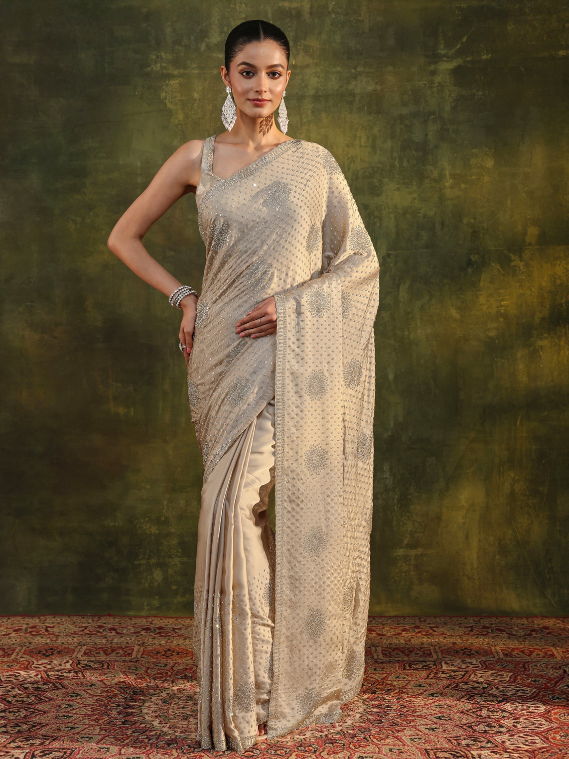 Mameraa Art Ivory Embellished Satin Saree With Unstitched Blouse Piece
