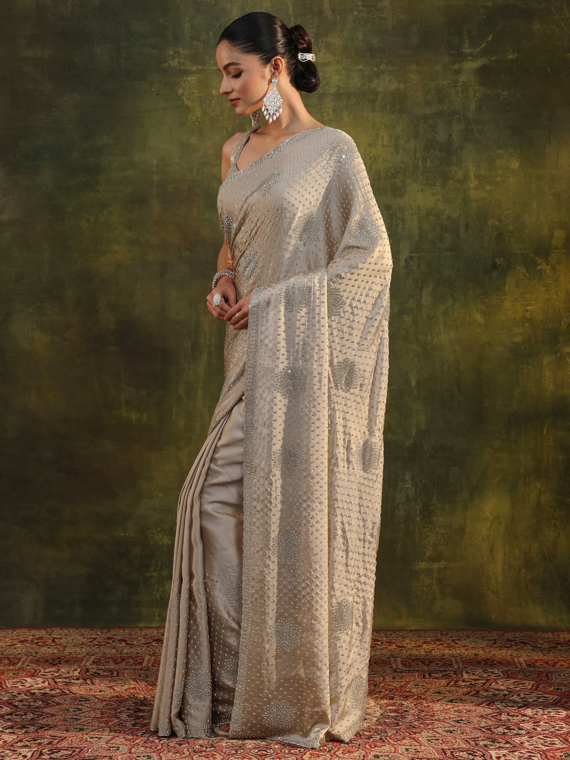 Mameraa Art Ivory Embellished Satin Saree With Unstitched Blouse Piece