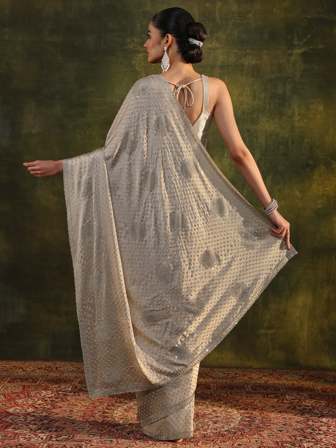 Mameraa Art Ivory Embellished Satin Saree With Unstitched Blouse Piece