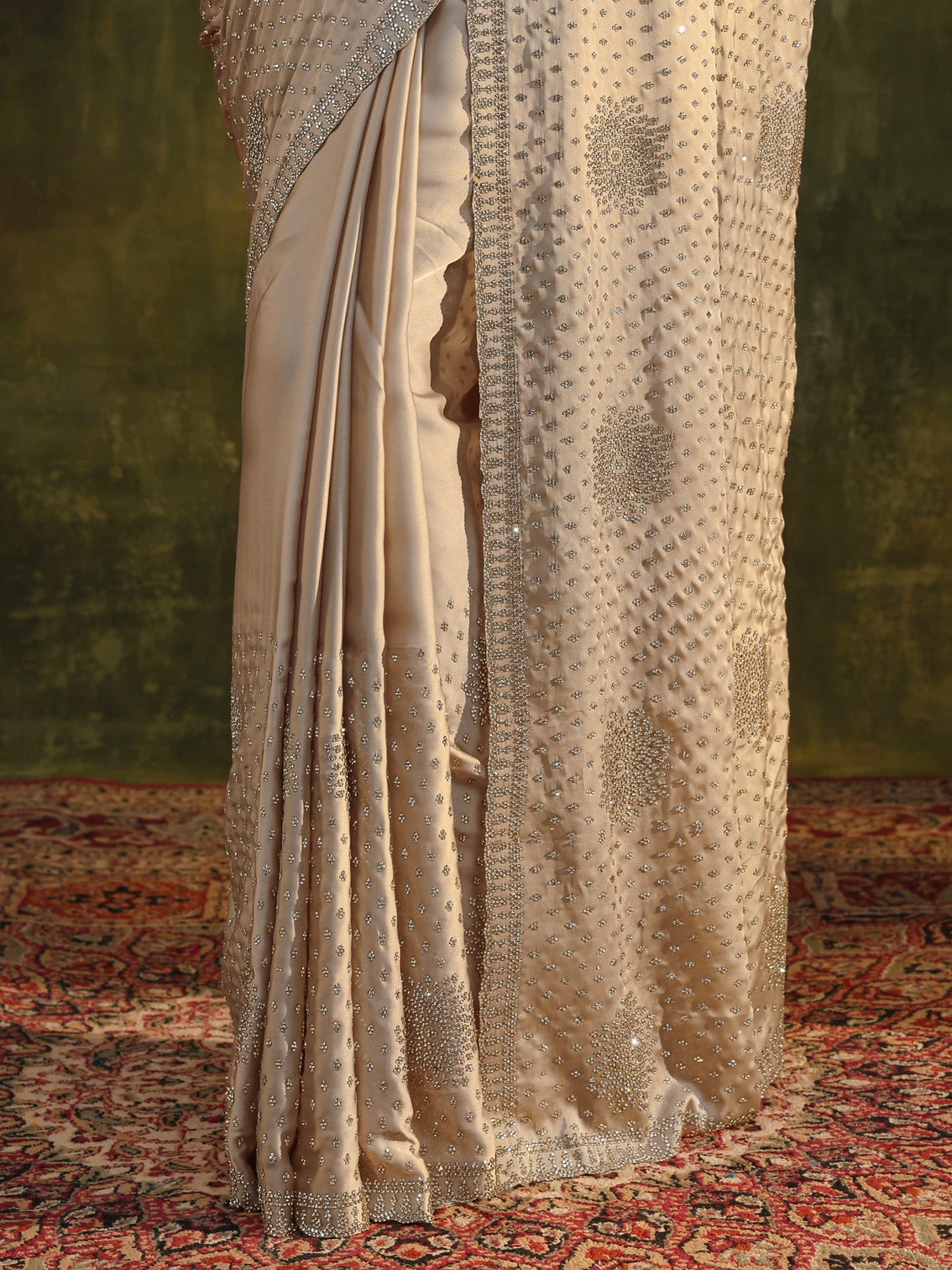 Mameraa Art Ivory Embellished Satin Saree With Unstitched Blouse Piece