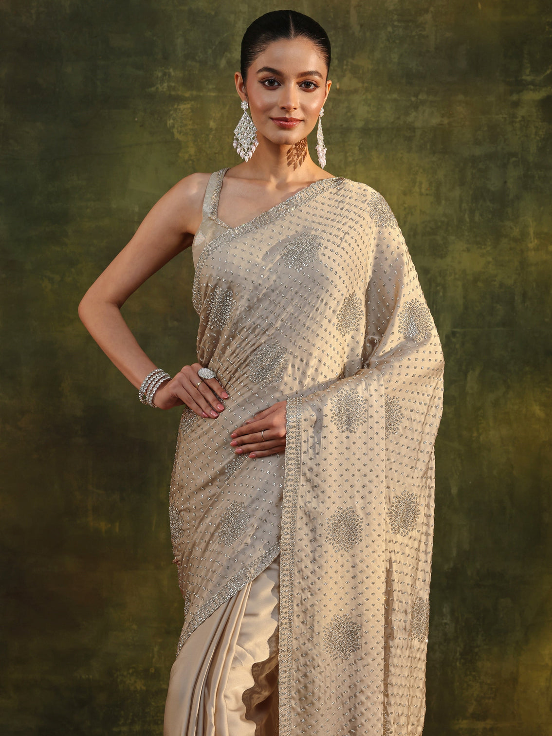 Mameraa Art Ivory Embellished Satin Saree With Unstitched Blouse Piece