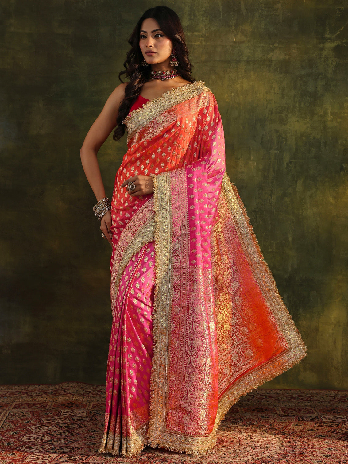 Mameraa Art Pink Banarasi Silk Blend Saree With Unstitched Blouse Piece