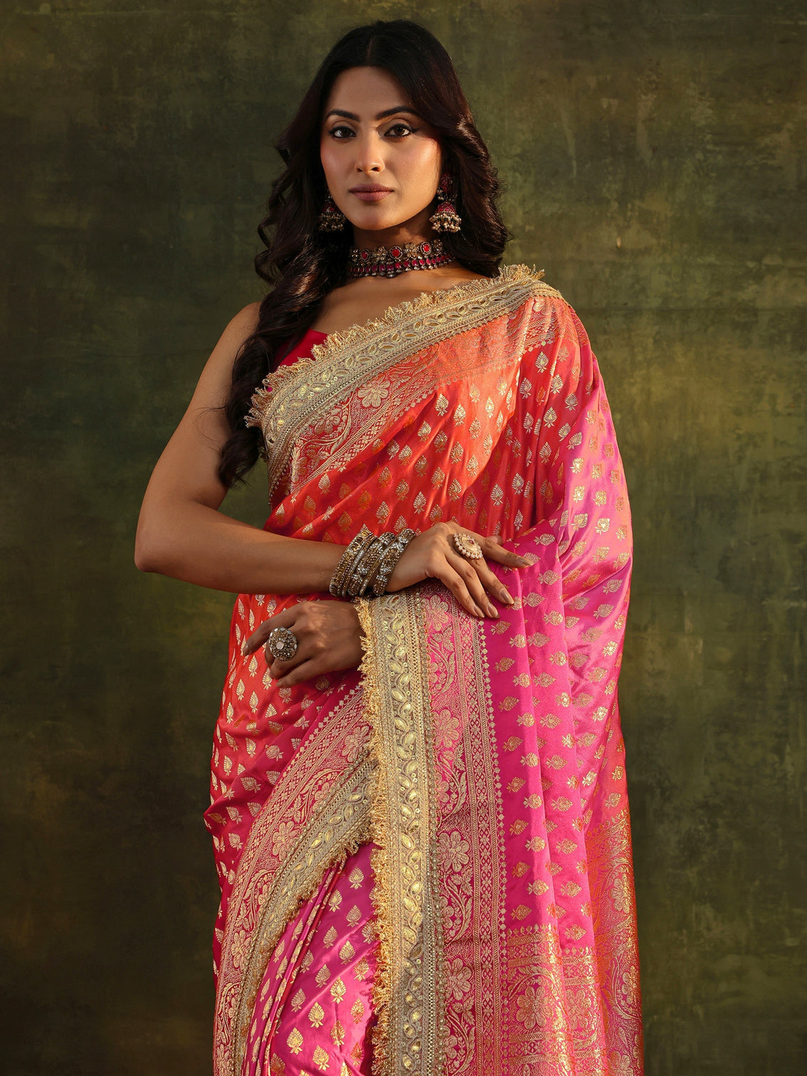 Mameraa Art Pink Banarasi Silk Blend Saree With Unstitched Blouse Piece