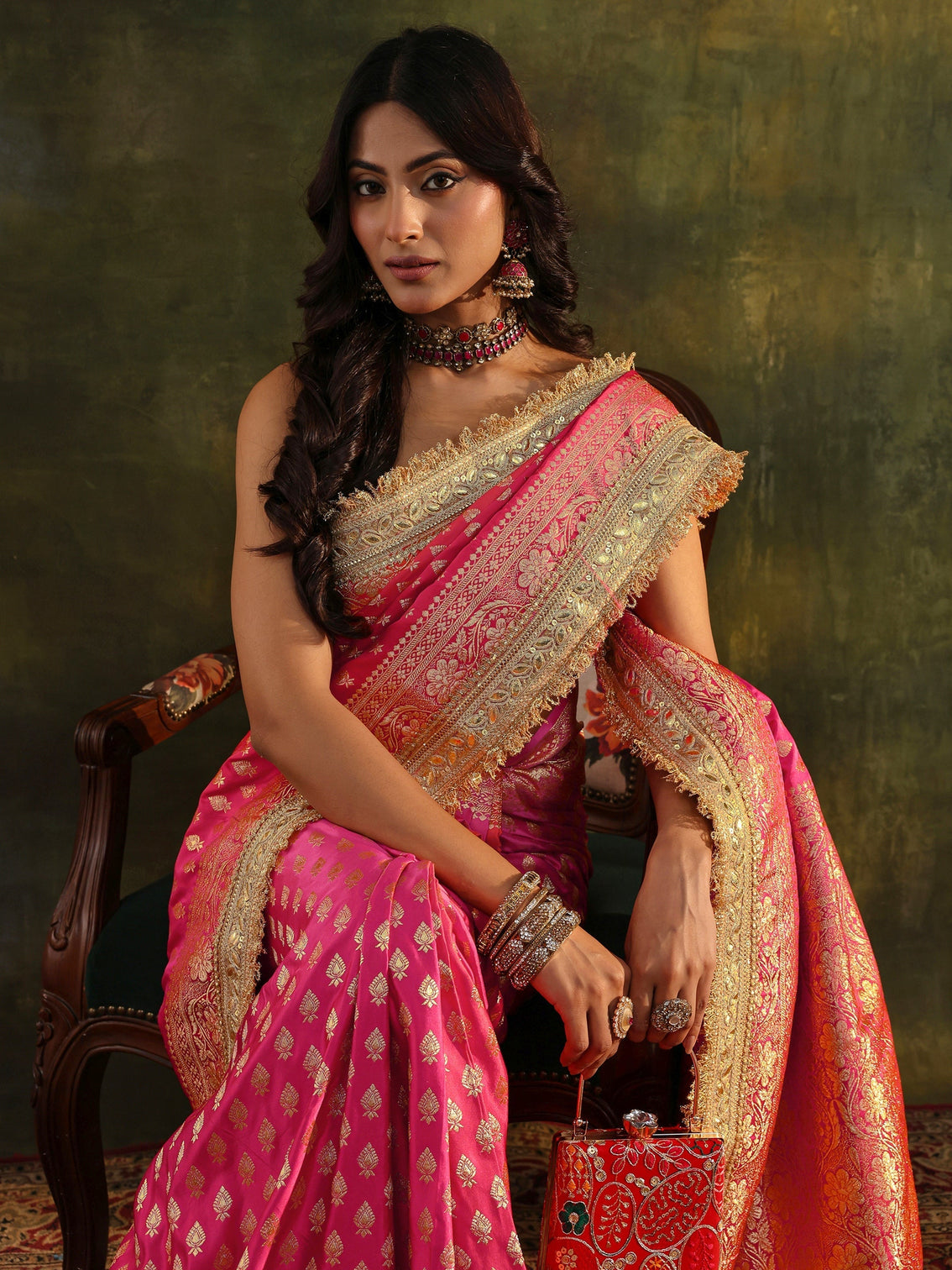 Mameraa Art Pink Banarasi Silk Blend Saree With Unstitched Blouse Piece