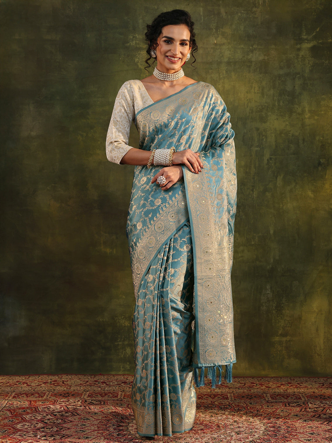 Mameraa Blue Woven Design Satin Banarasi Saree With Unstitched Blouse Piece