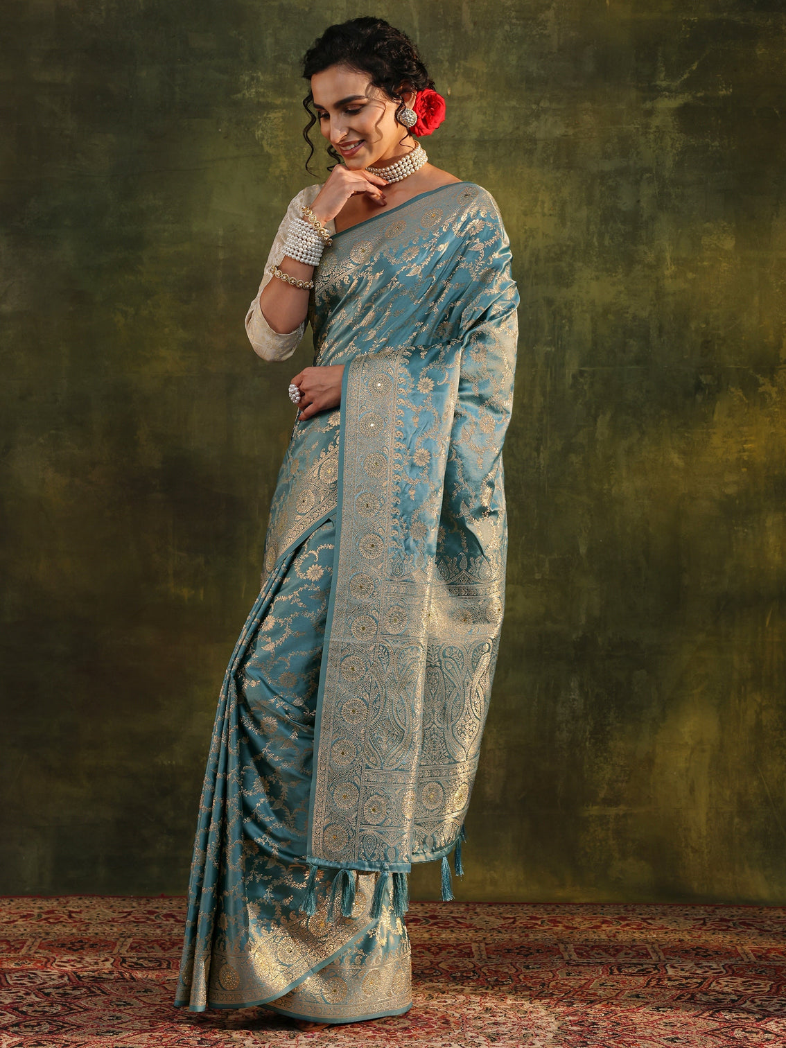 Mameraa Blue Woven Design Satin Banarasi Saree With Unstitched Blouse Piece
