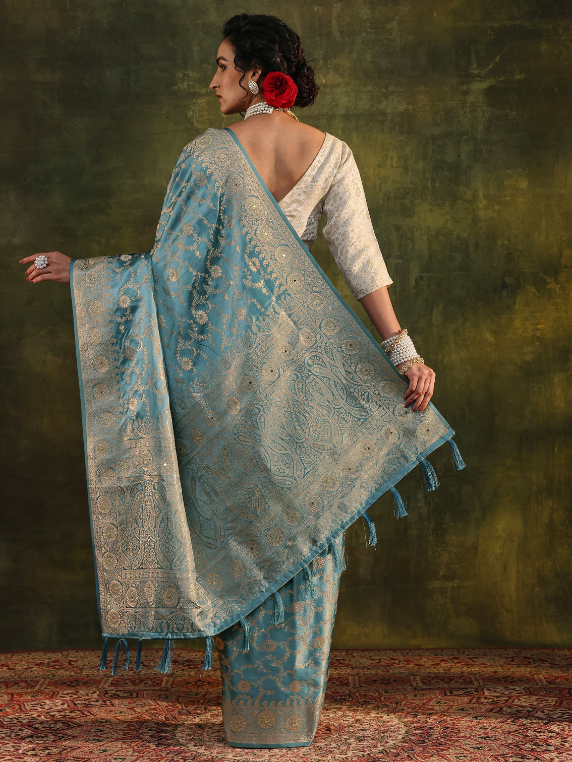 Mameraa Blue Woven Design Satin Banarasi Saree With Unstitched Blouse Piece