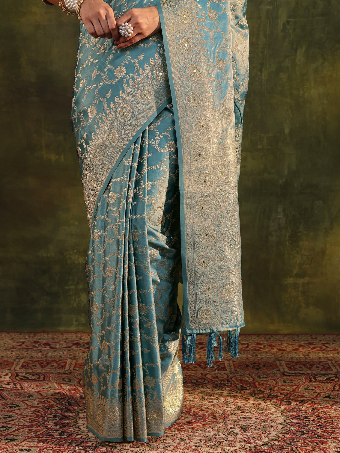 Mameraa Blue Woven Design Satin Banarasi Saree With Unstitched Blouse Piece
