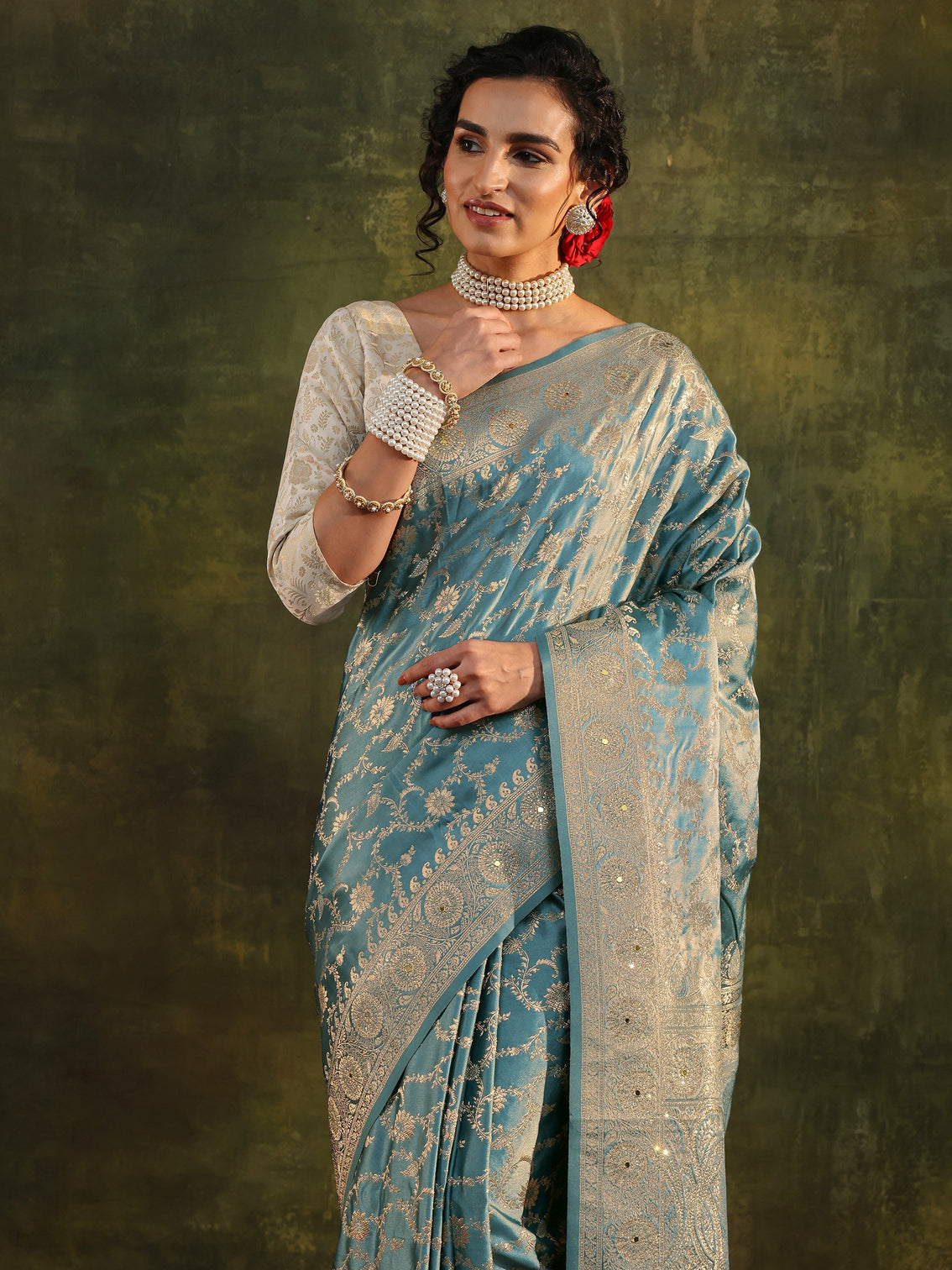 Mameraa Blue Woven Design Satin Banarasi Saree With Unstitched Blouse Piece