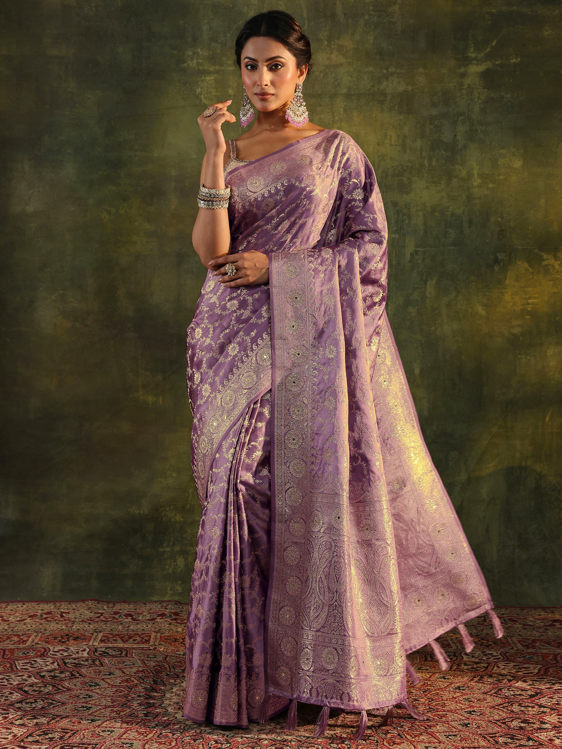 Mameraa Purple Banarasi Satin Saree With Unstitched Blouse Piece