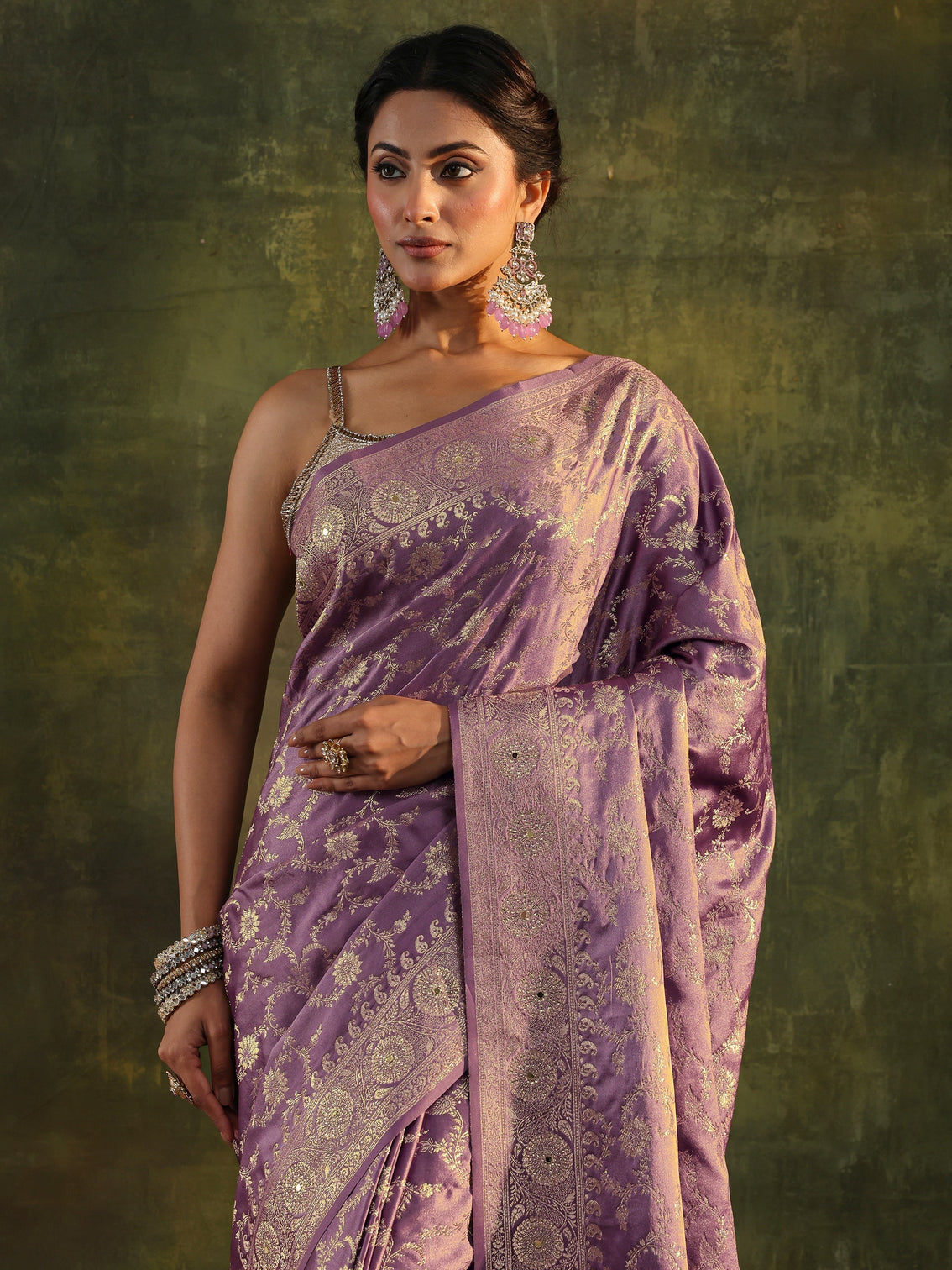 Mameraa Purple Banarasi Satin Saree With Unstitched Blouse Piece
