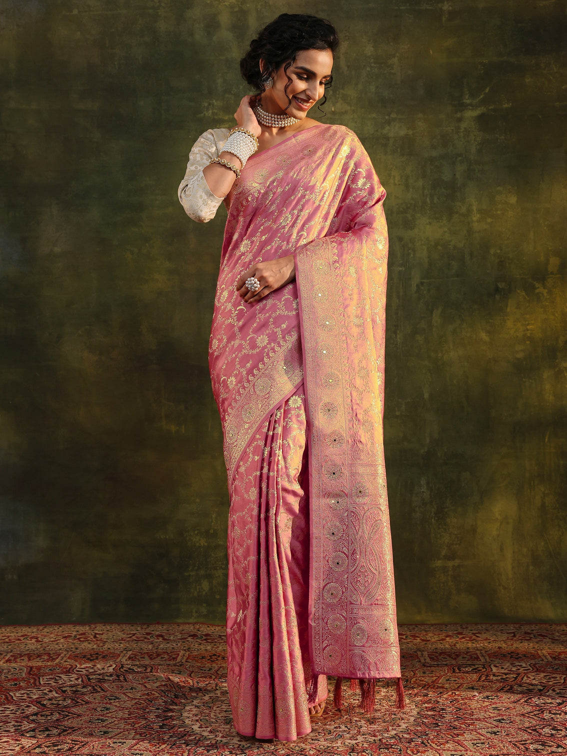 Mameraa Peach Woven Design Satin Banarasi Saree With Unstitched Blouse Piece