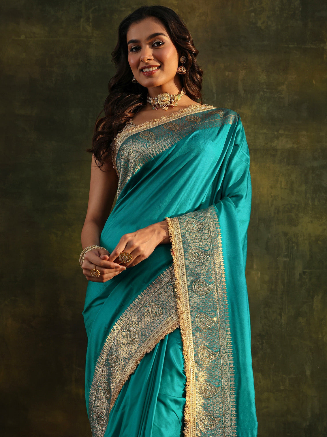 Mameraa Blue Embellished Silk Blend Saree With Unstitched Blouse Piece