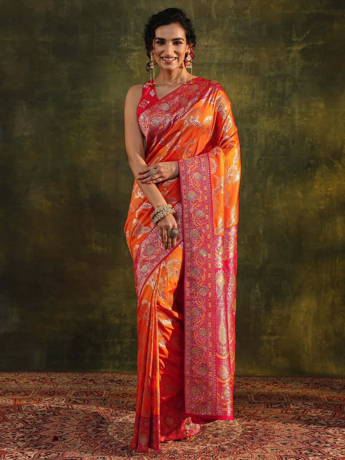 Mameraa Mustard Woven Design Silk Blend Banarasi Saree With Unstitched Blouse Piece