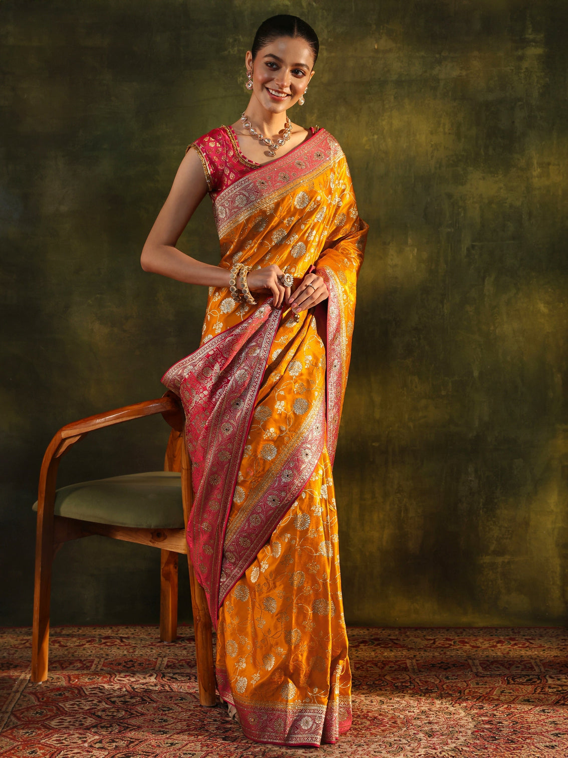 Mameraa Art Mustard Woven Design Silk Blend Banarasi Saree With Unstitched Blouse Piece