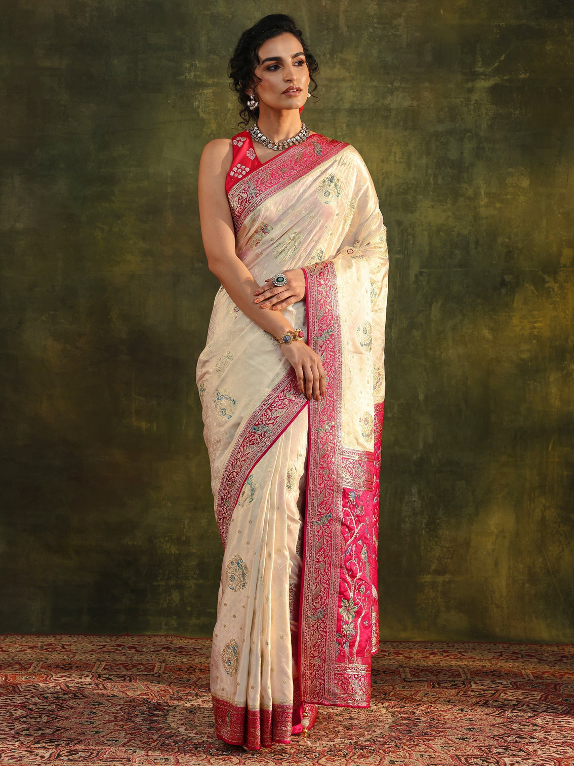 Mameraa Art Off White Ethnic Woven Design Satin Saree With Unstitched Blouse Piece