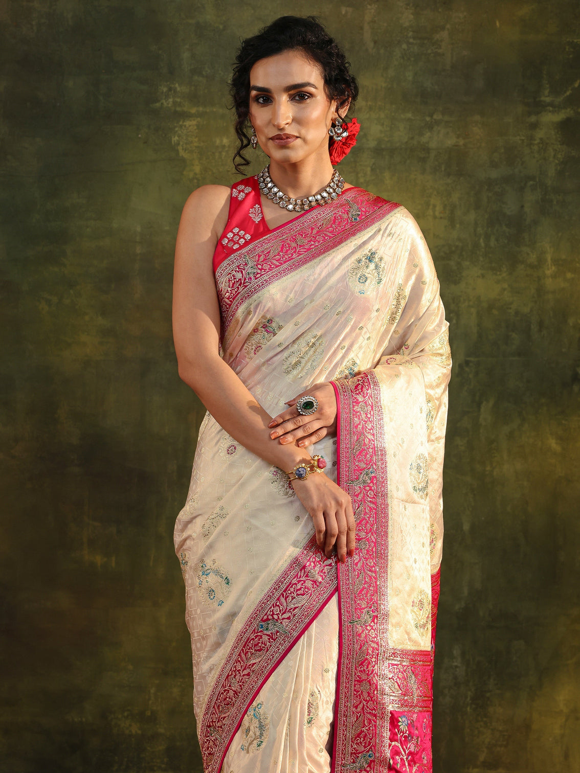 Mameraa Art Off White Ethnic Woven Design Satin Saree With Unstitched Blouse Piece