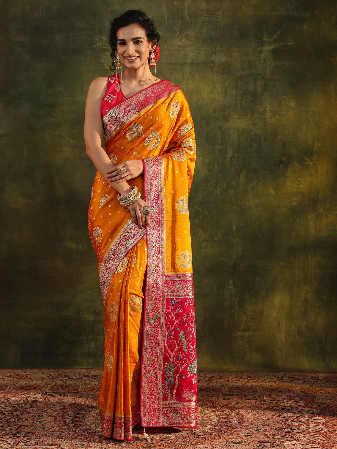 Mameraa Art Mustard Ethnic Woven Design Satin Saree With Unstitched Blouse Piece