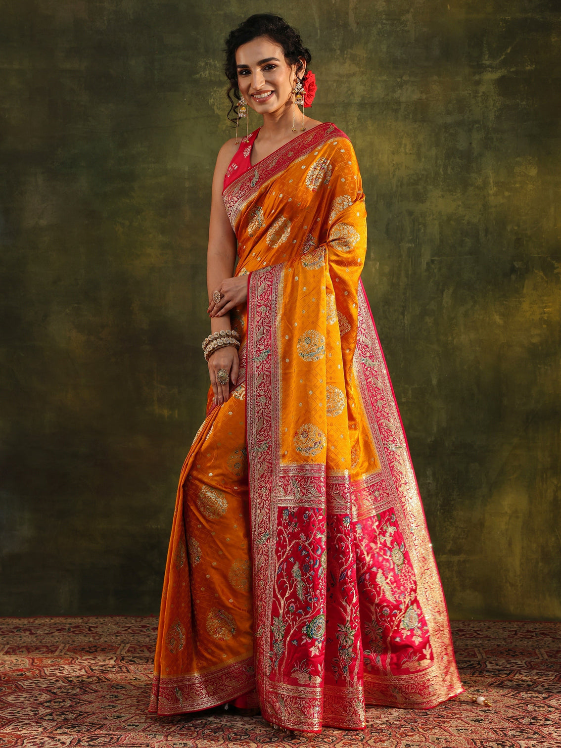 Mameraa Art Mustard Ethnic Woven Design Satin Saree With Unstitched Blouse Piece