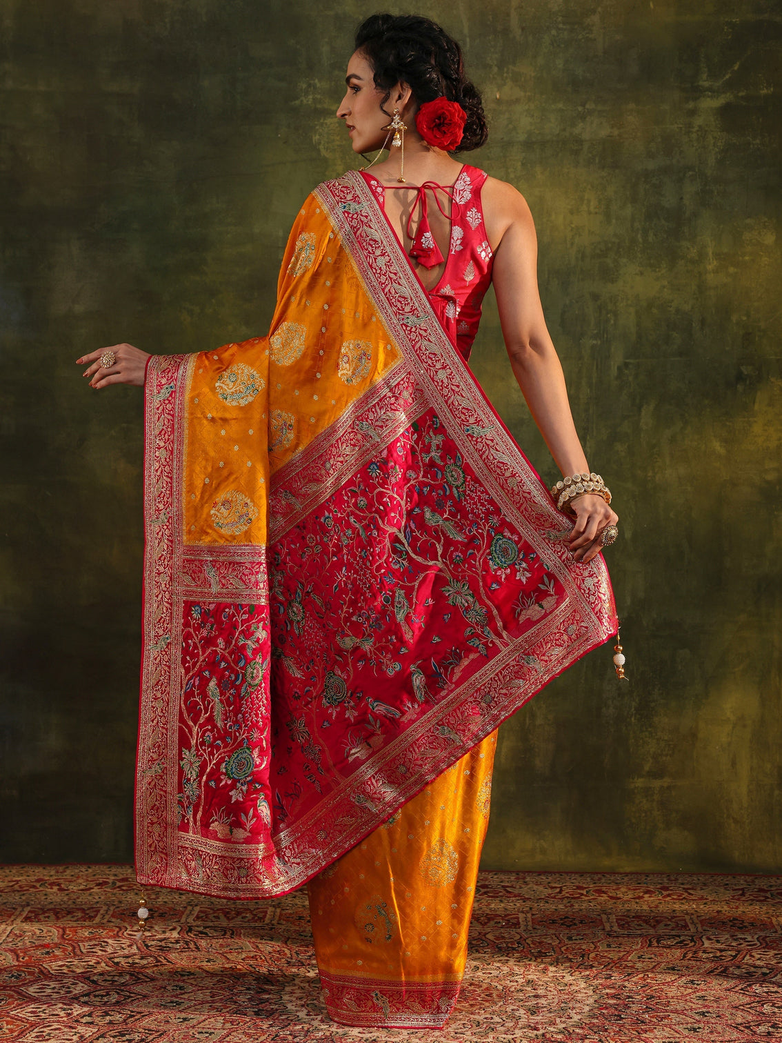 Mameraa Art Mustard Ethnic Woven Design Satin Saree With Unstitched Blouse Piece