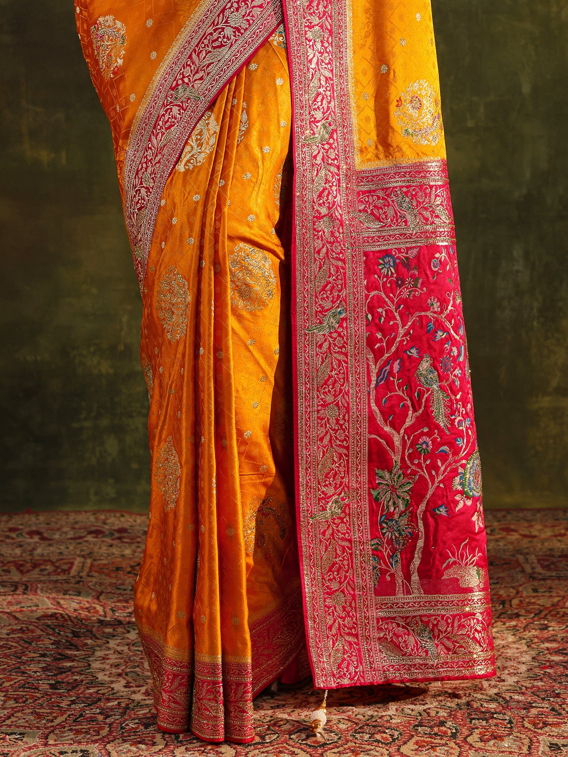 Mameraa Art Mustard Ethnic Woven Design Satin Saree With Unstitched Blouse Piece