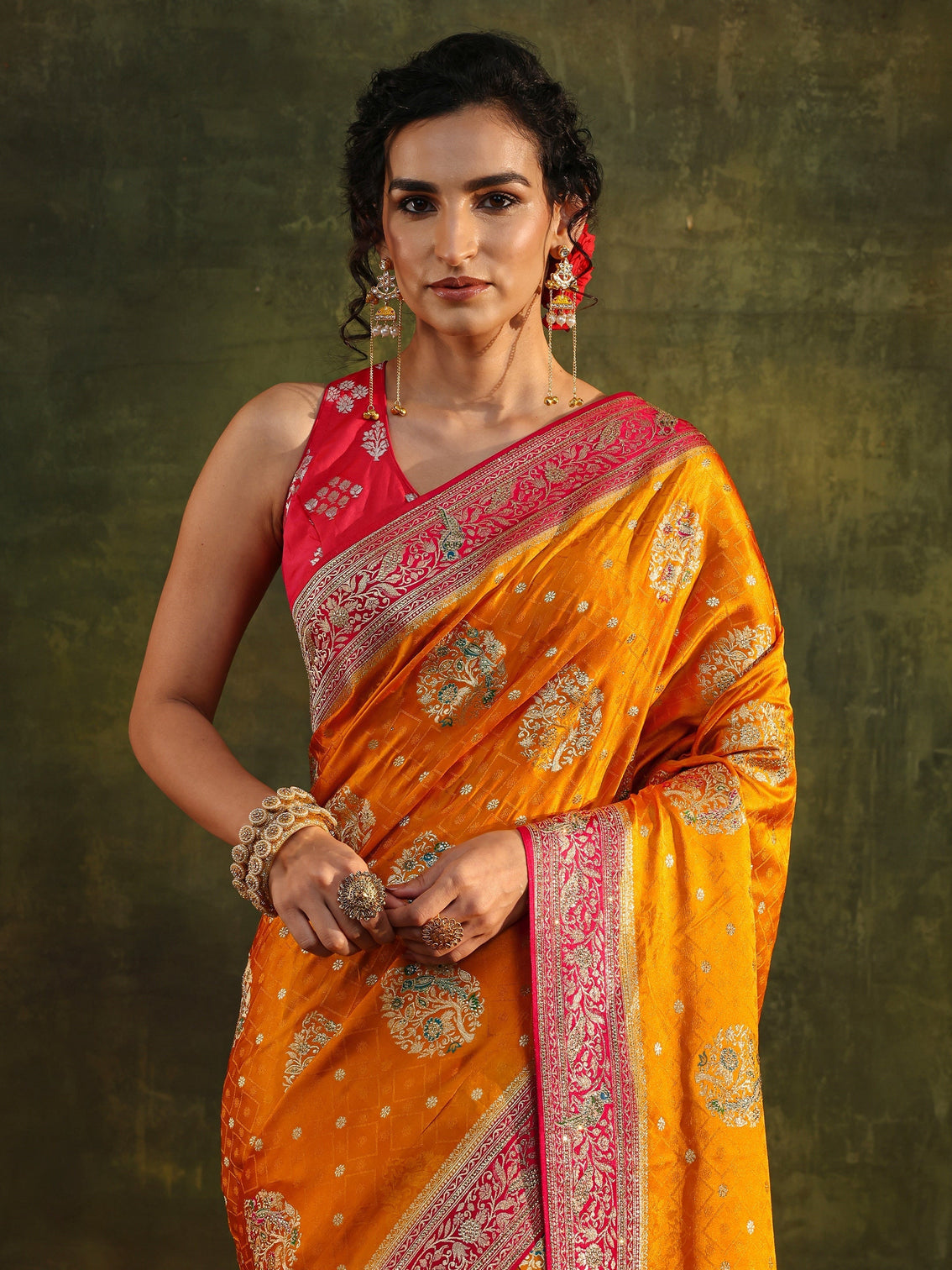 Mameraa Art Mustard Ethnic Woven Design Satin Saree With Unstitched Blouse Piece
