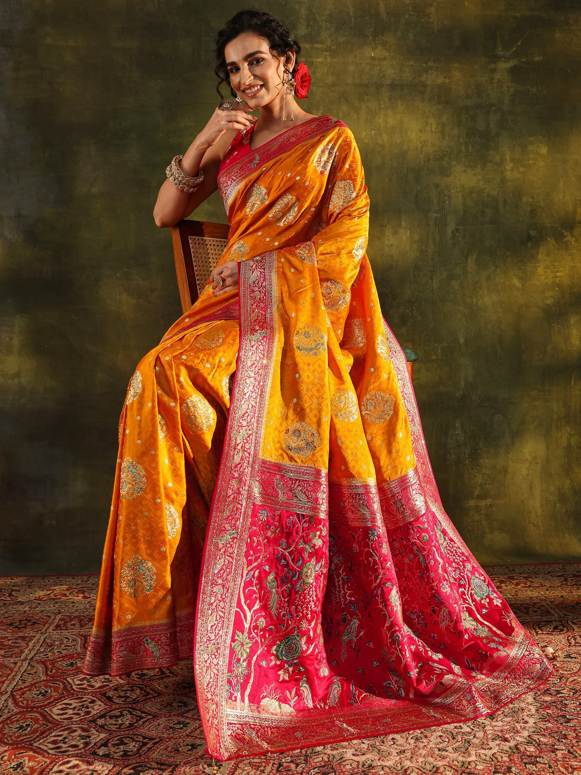 Mameraa Art Mustard Ethnic Woven Design Satin Saree With Unstitched Blouse Piece