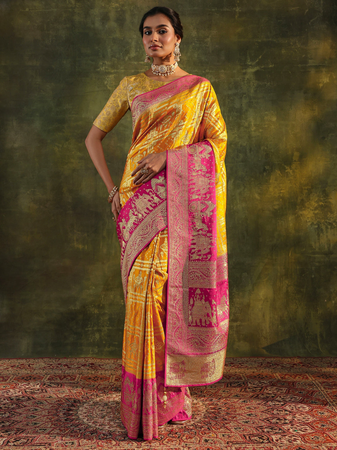 Mameraa Art Mustard Embellished Satin Saree With Unstitched Blouse Piece