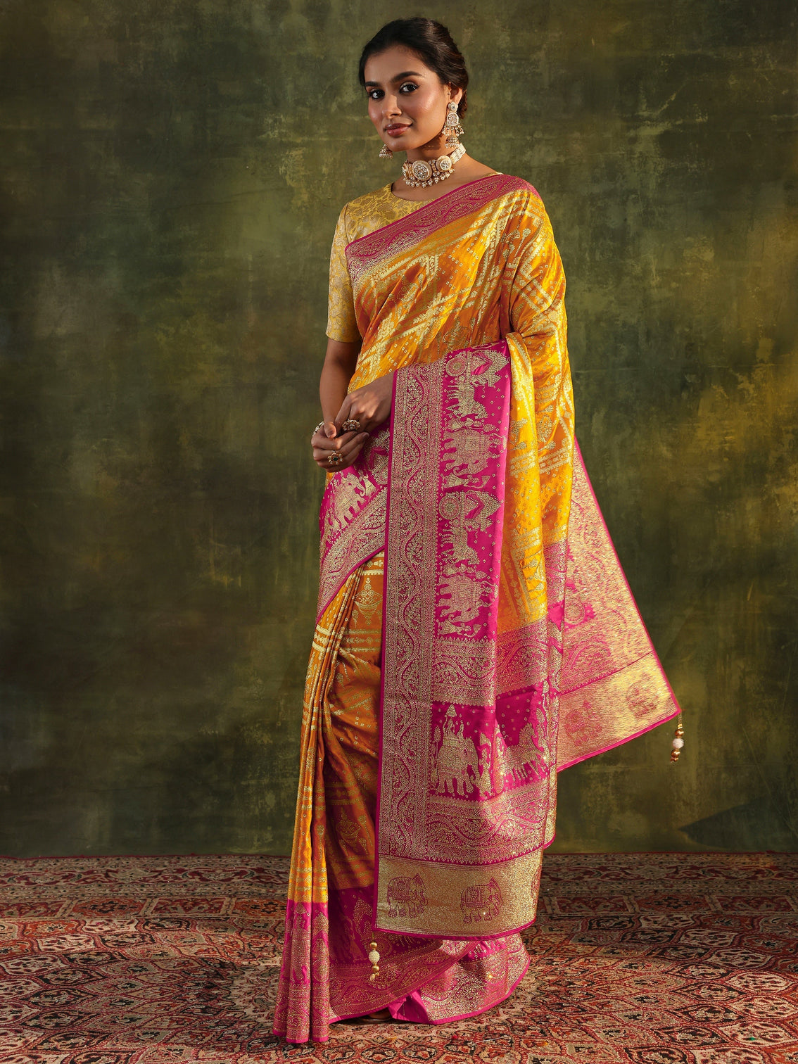 Mameraa Art Mustard Embellished Satin Saree With Unstitched Blouse Piece