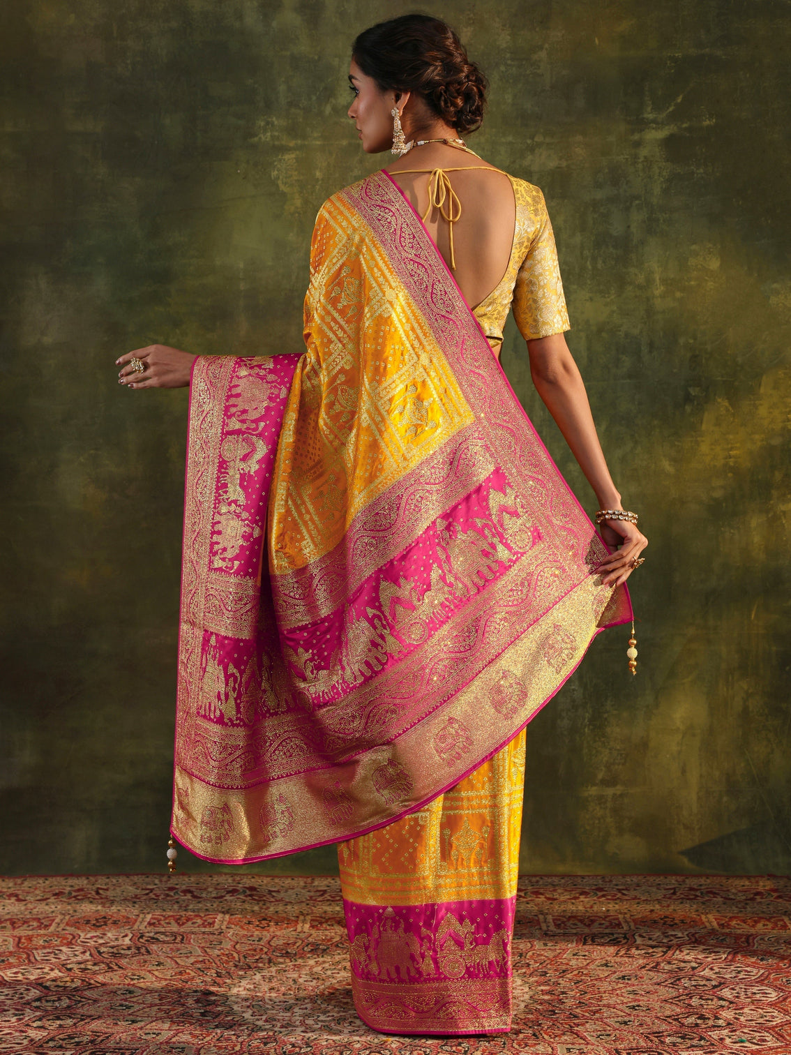 Mameraa Art Mustard Embellished Satin Saree With Unstitched Blouse Piece