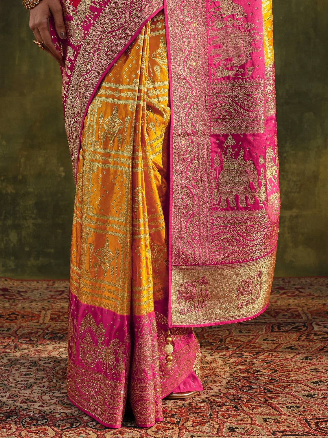 Mameraa Art Mustard Embellished Satin Saree With Unstitched Blouse Piece