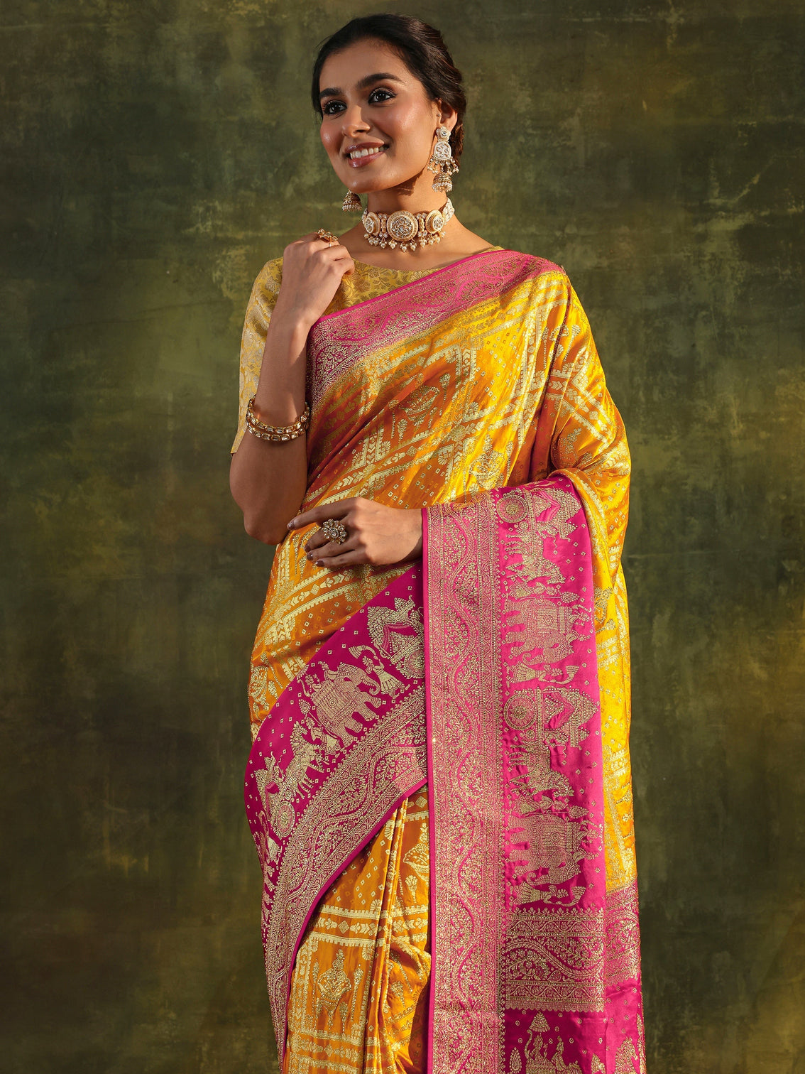 Mameraa Art Mustard Embellished Satin Saree With Unstitched Blouse Piece