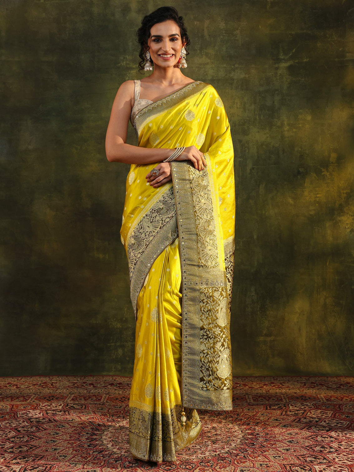 Mameraa Mustard Woven Design Satin Banarasi Saree With Unstitched Blouse Piece