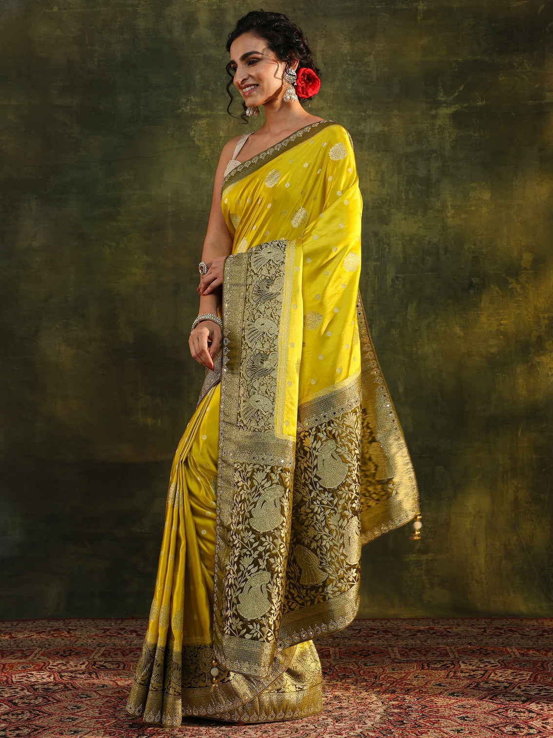 Mameraa Mustard Woven Design Satin Banarasi Saree With Unstitched Blouse Piece