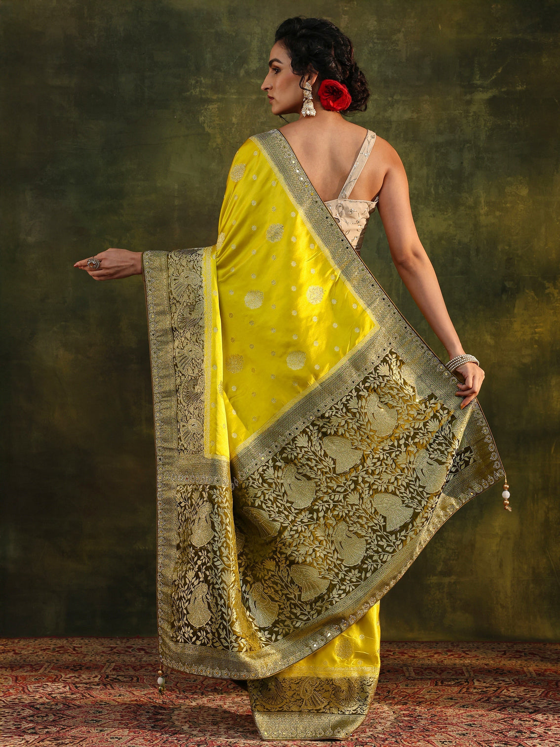 Mameraa Mustard Woven Design Satin Banarasi Saree With Unstitched Blouse Piece