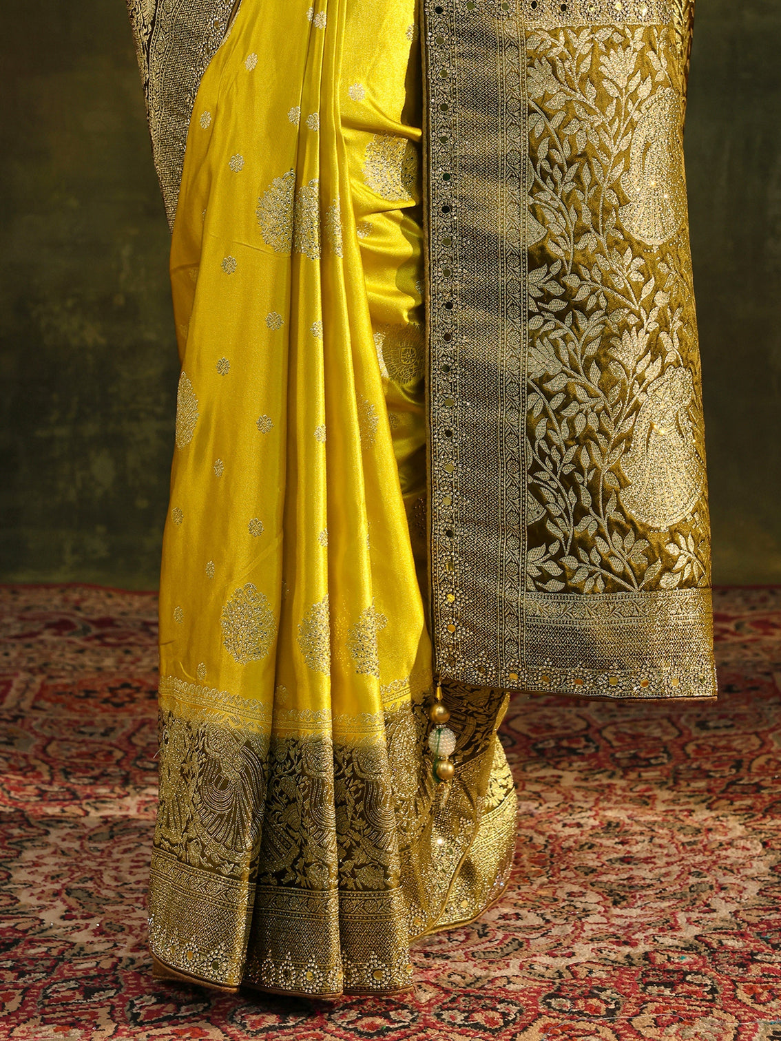 Mameraa Mustard Woven Design Satin Banarasi Saree With Unstitched Blouse Piece