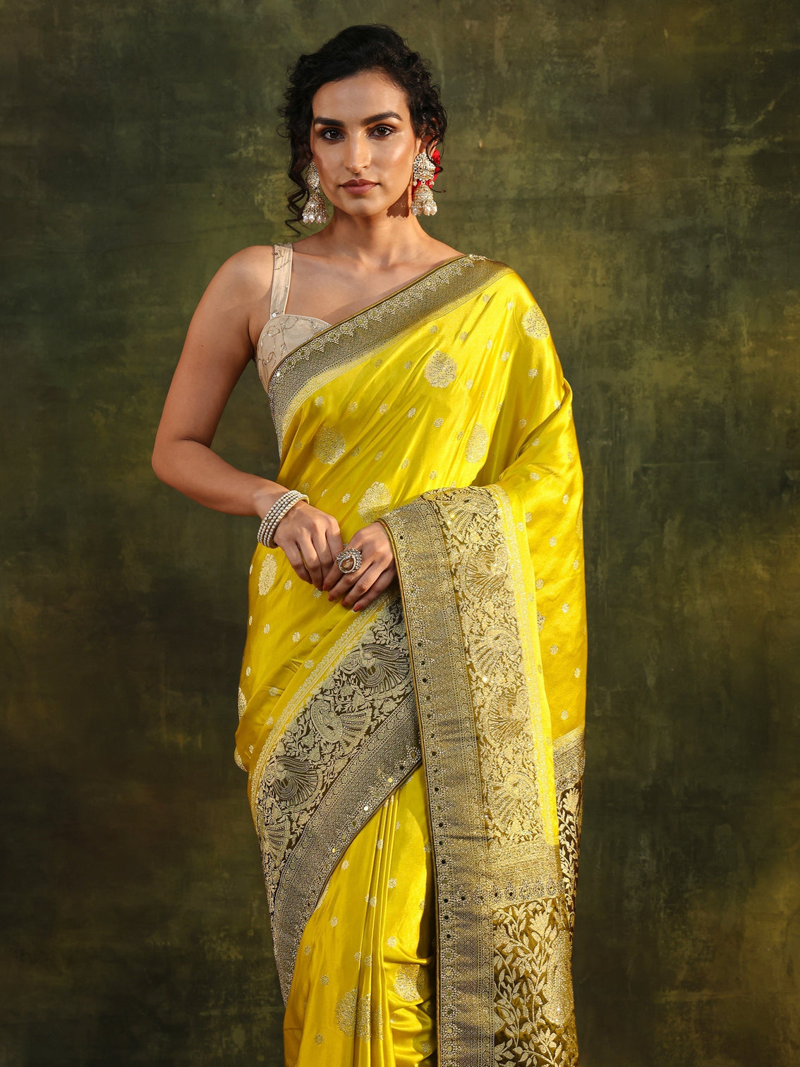 Mameraa Mustard Woven Design Satin Banarasi Saree With Unstitched Blouse Piece