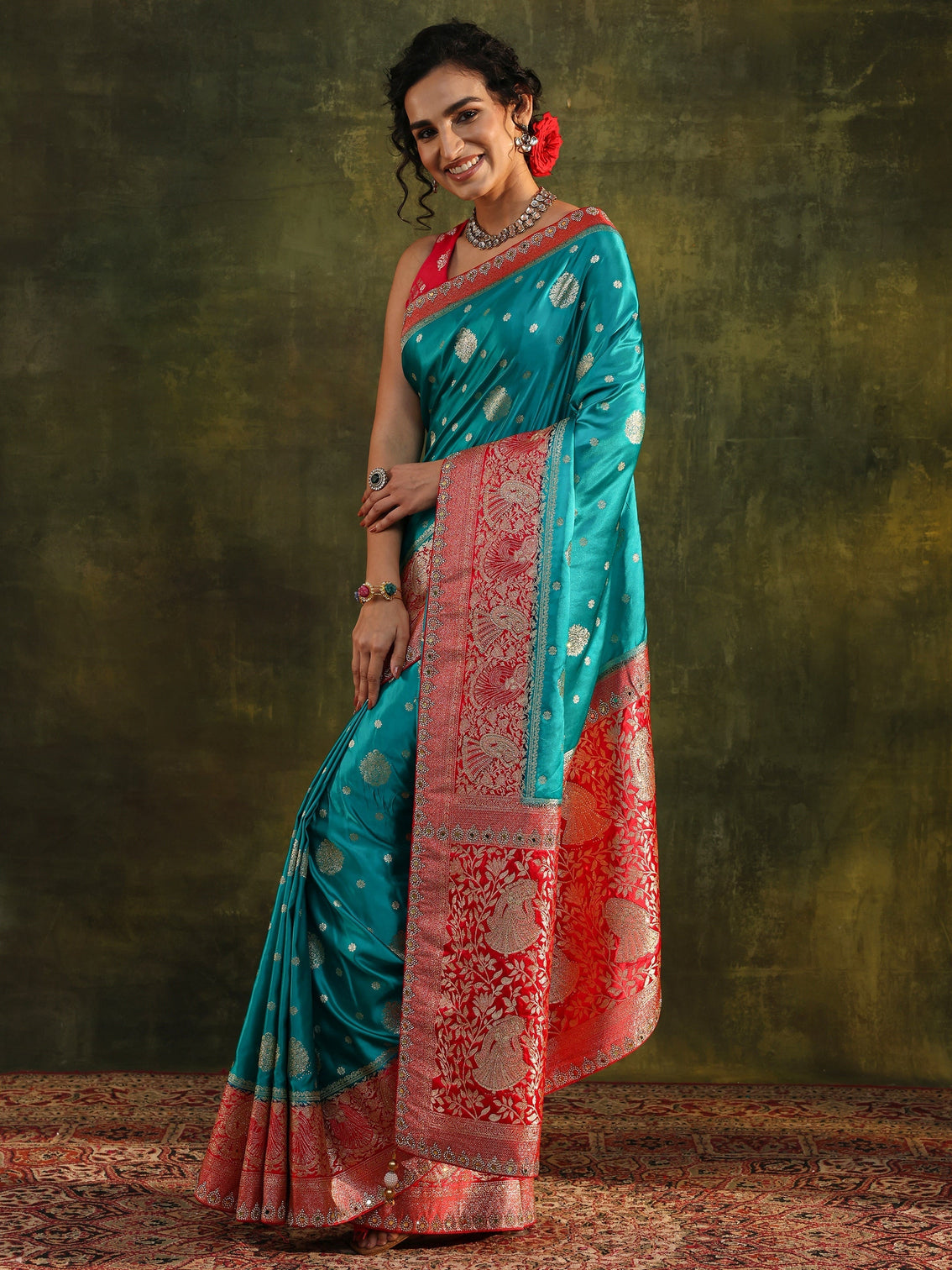 Mameraa Blue Woven Design Satin Banarasi Saree With Unstitched Blouse Piece