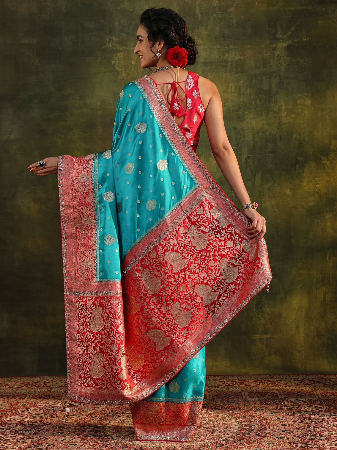 Mameraa Blue Woven Design Satin Banarasi Saree With Unstitched Blouse Piece