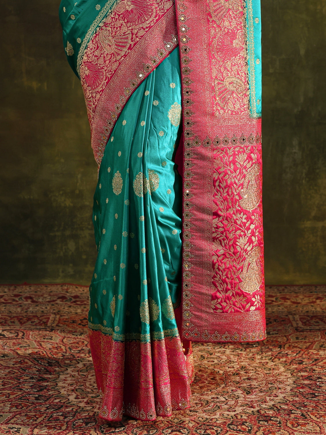 Mameraa Blue Woven Design Satin Banarasi Saree With Unstitched Blouse Piece