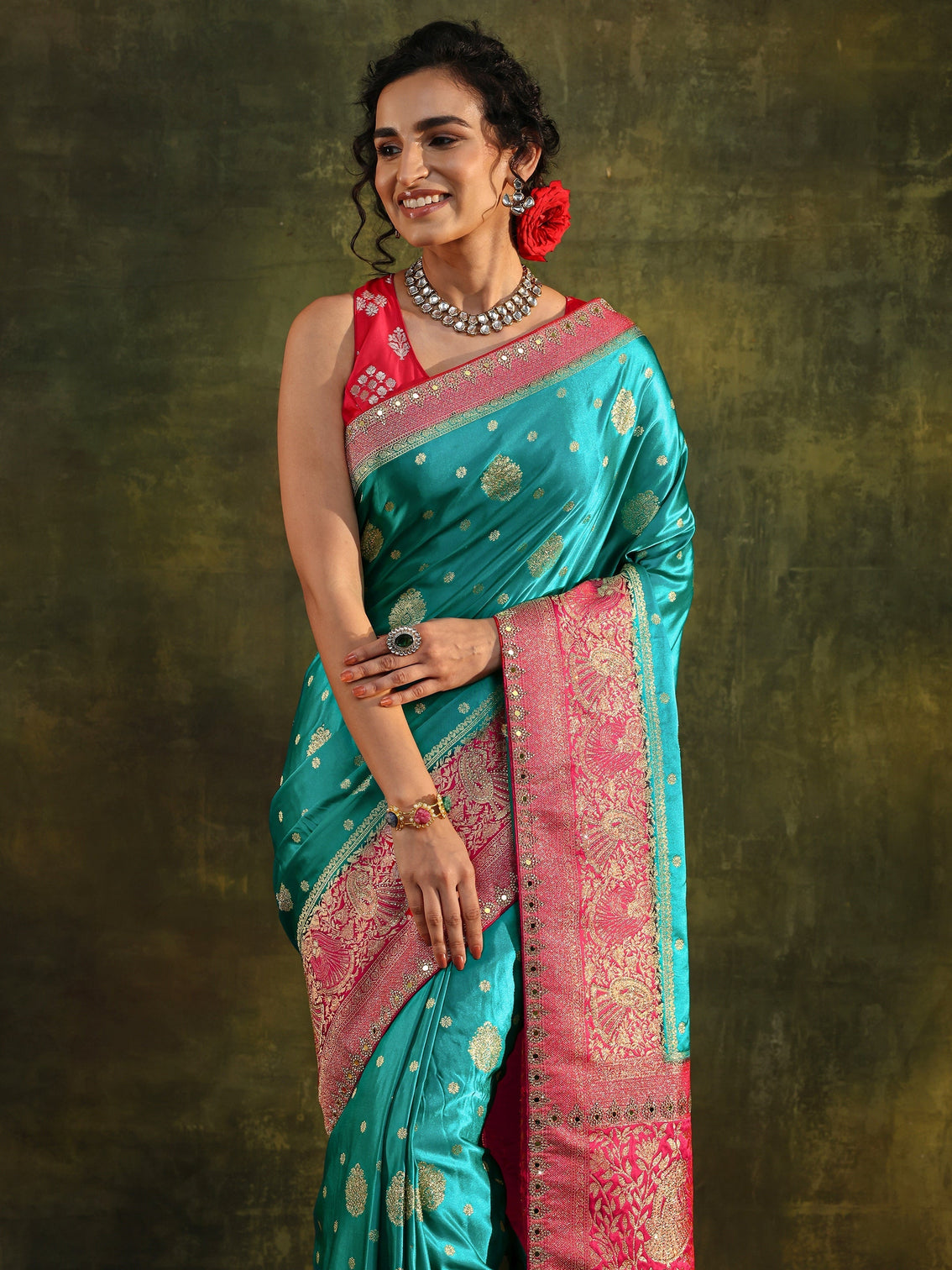 Mameraa Blue Woven Design Satin Banarasi Saree With Unstitched Blouse Piece