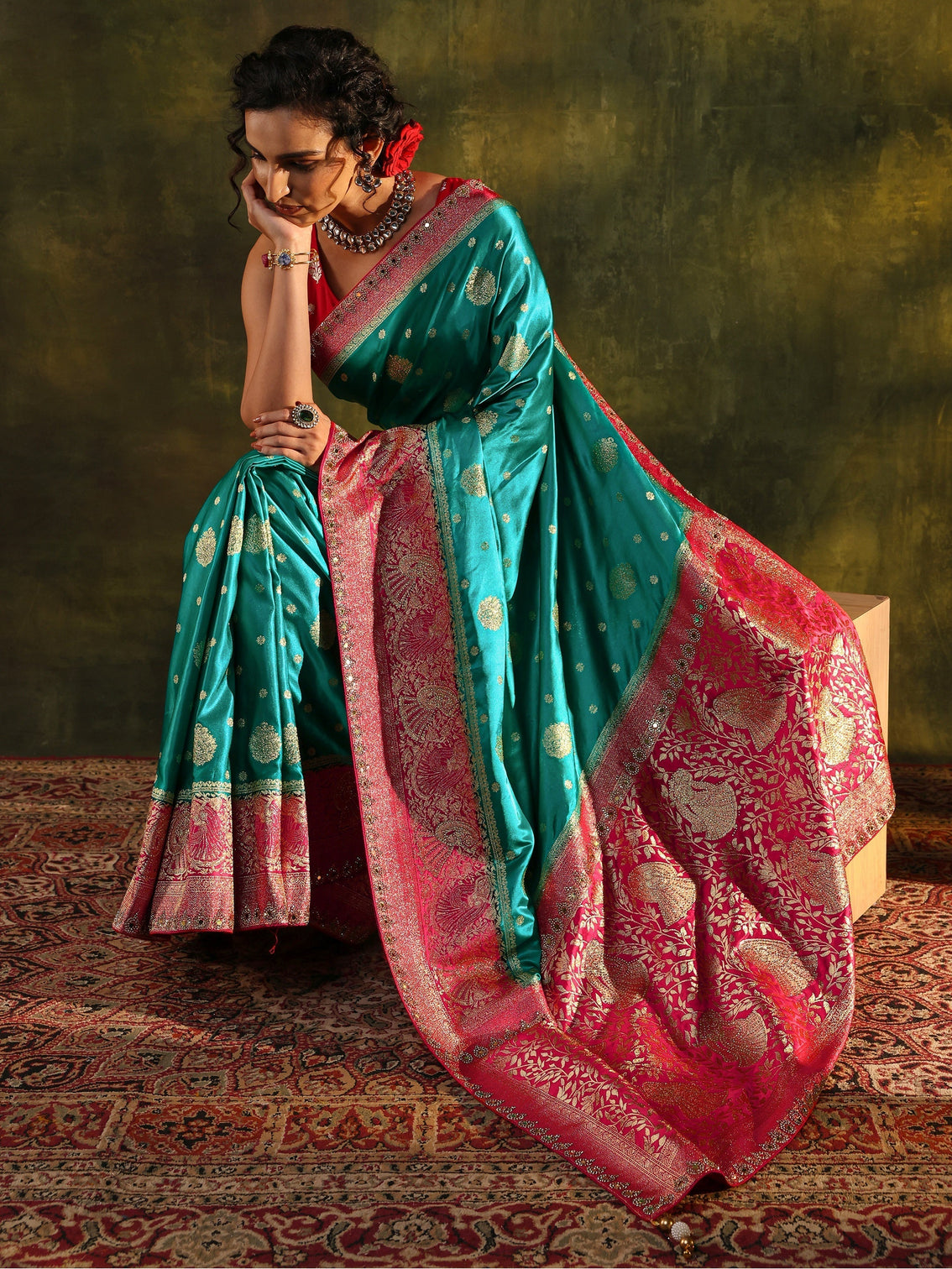 Mameraa Blue Woven Design Satin Banarasi Saree With Unstitched Blouse Piece