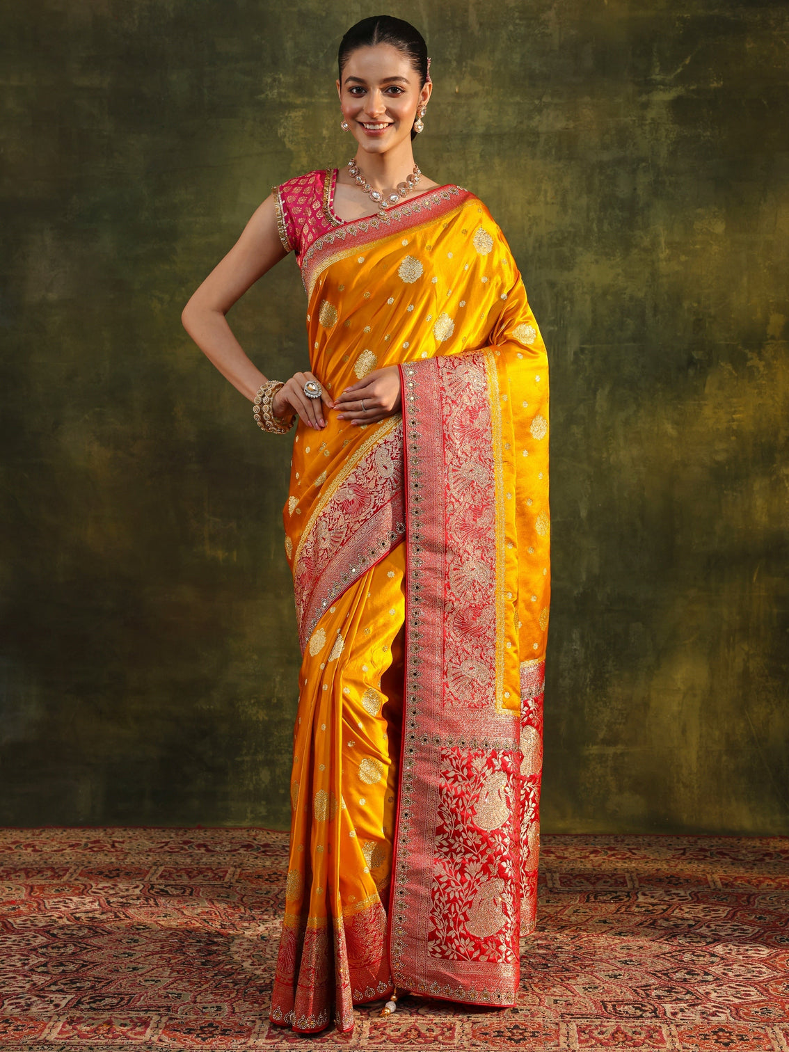 Mameraa Mustard Woven Design Satin Banarasi Saree With Unstitched Blouse Piece