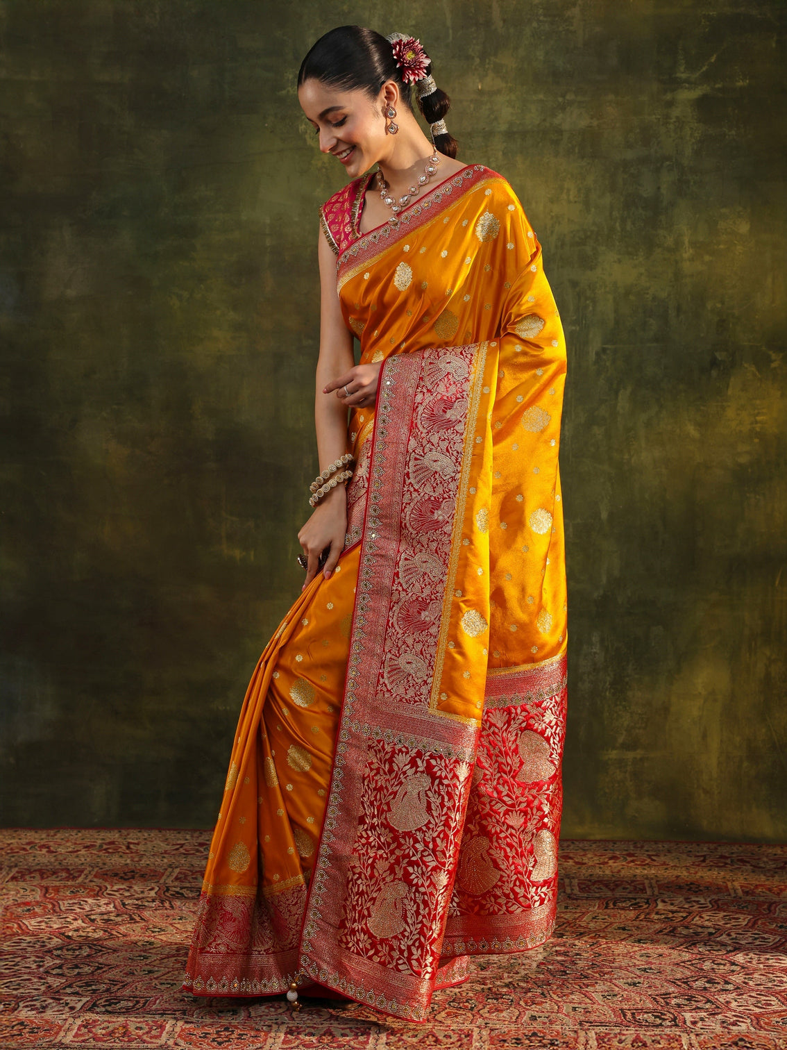 Mameraa Mustard Woven Design Satin Banarasi Saree With Unstitched Blouse Piece