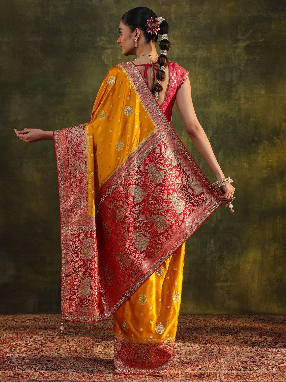 Mameraa Mustard Woven Design Satin Banarasi Saree With Unstitched Blouse Piece